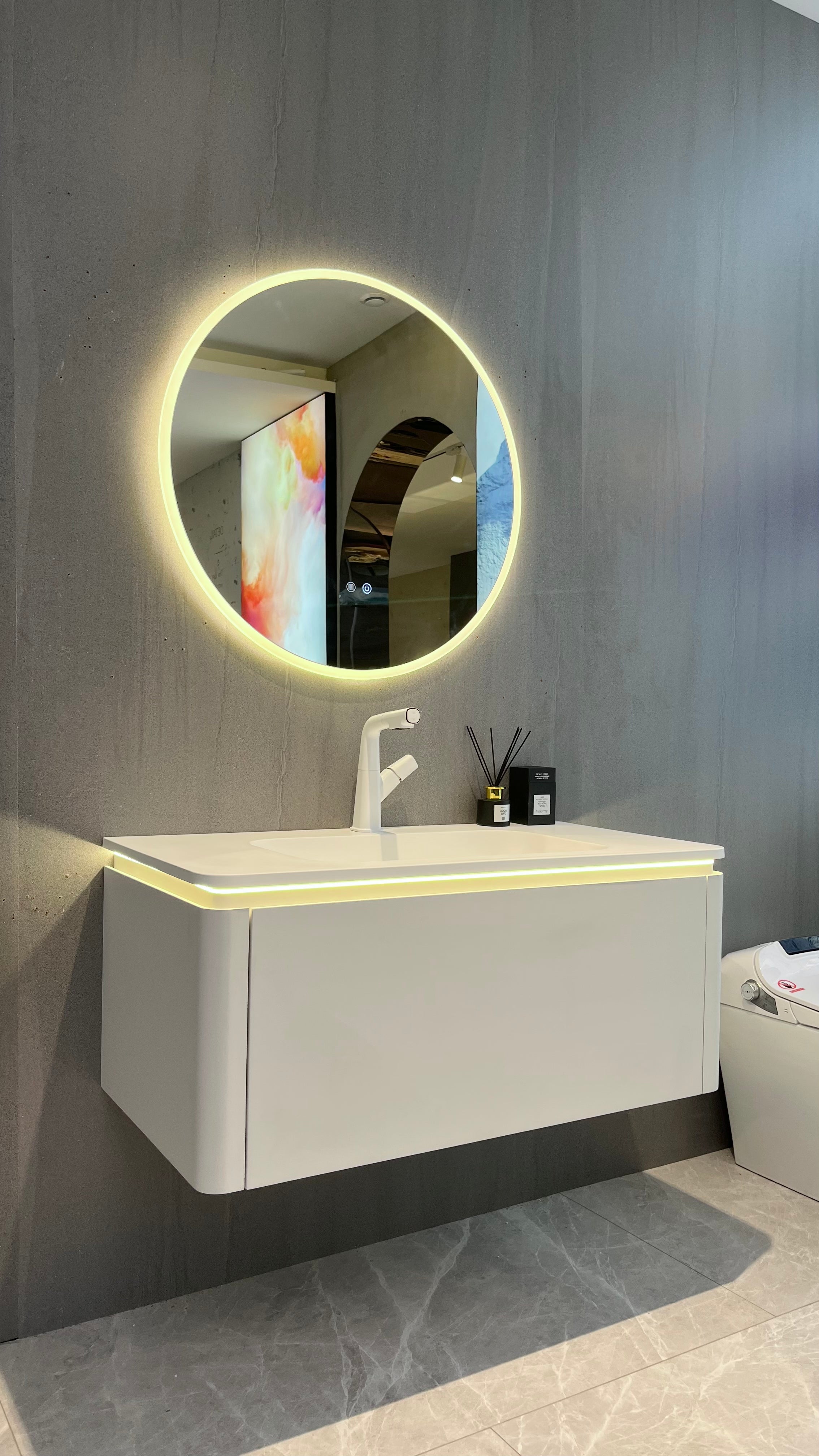 A111 Round Mirror Vanity in Coconut Cream White